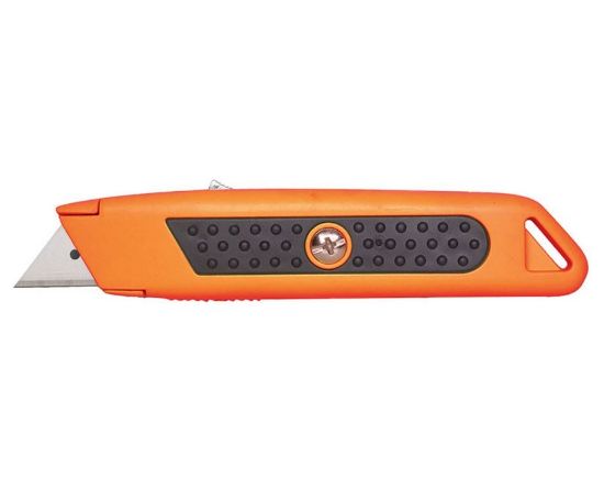 Picture of Auto-Retracting Safety Knife-Metal Orange with rubber grip-takes trimming blades