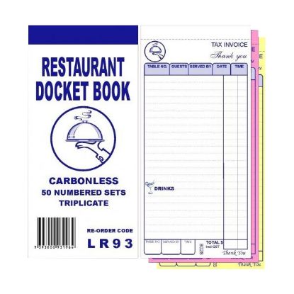 Picture of Restaurant Docket Books Triplicate 93mm x 196mm with seperate ""Drinks"" section 50's"