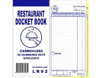 Picture of Restaurant Docket Books Duplicate 93mm x 196mm with seperate "Drinks" section 50's 