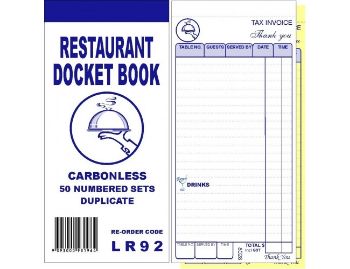 Picture of Restaurant Docket Books Duplicate 93mm x 196mm with seperate "Drinks" section 50's