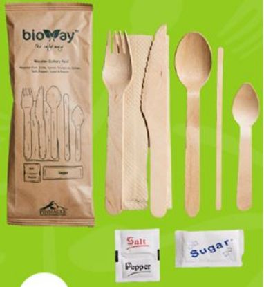 Picture of Wooden Knife, Fork, Spoon, Stirrer, Teaspoon, Napkin, Salt, Pepper & Sugar Cutlery Set